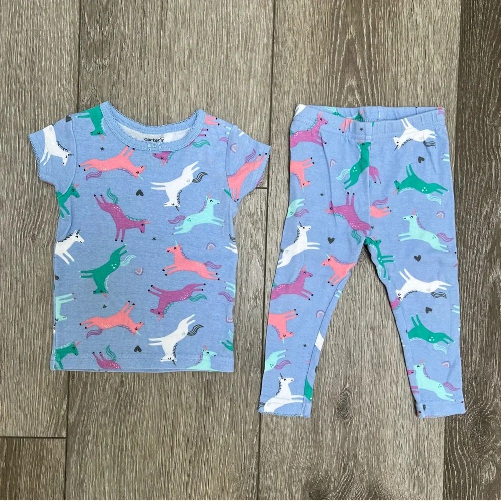 CARTERS 2PC SHORT SLEEVE SHIRT AND PANTS PAJAMA SET UNICORN BLUE 12MO